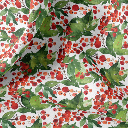 Christmas Print Linen By The Yard or Meter, Vintage Red Berries Print Linen Fabric For Bedding, Curtains, Clothing & Upholstery