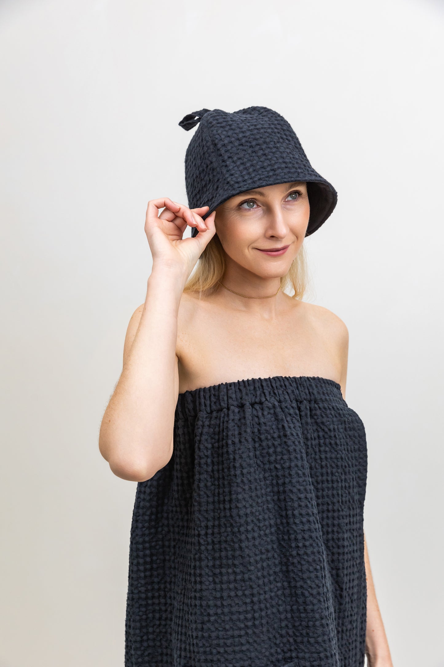 Linen Set of Waffle Wrap and Sauna Hat for Her