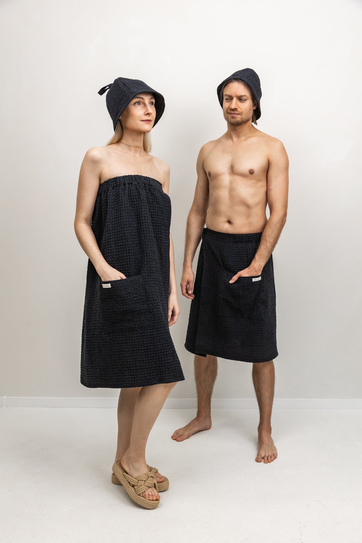 Linen Set of Waffle Wrap and Sauna Hat for Him