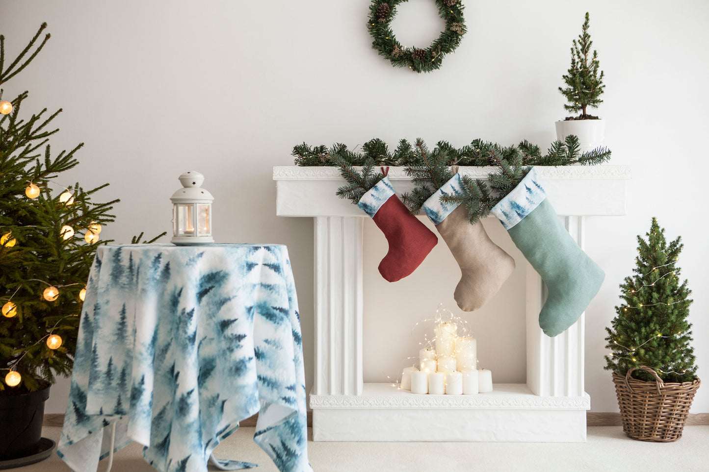 Linen Christmas Stockings with Christmas Tree Print
