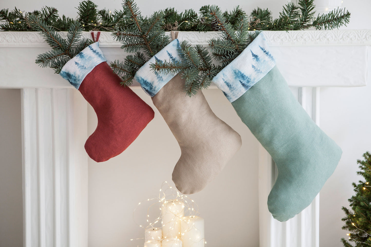 Linen Christmas Stockings with Christmas Tree Print