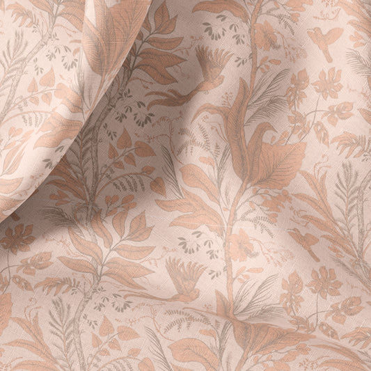 Vintage Linen Fabric by the yard or meter. Vintage Tropical Peach Pink Color Print Linen For Bedding, Curtains, and Clothing..