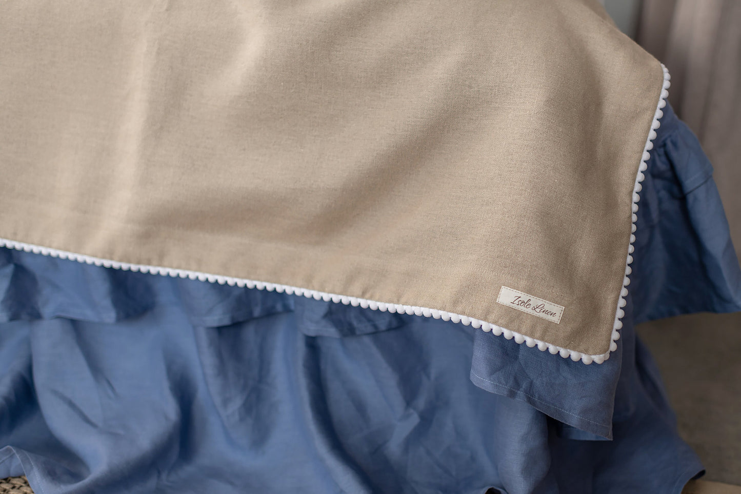 Natural Linen Blanket with Pom Poms