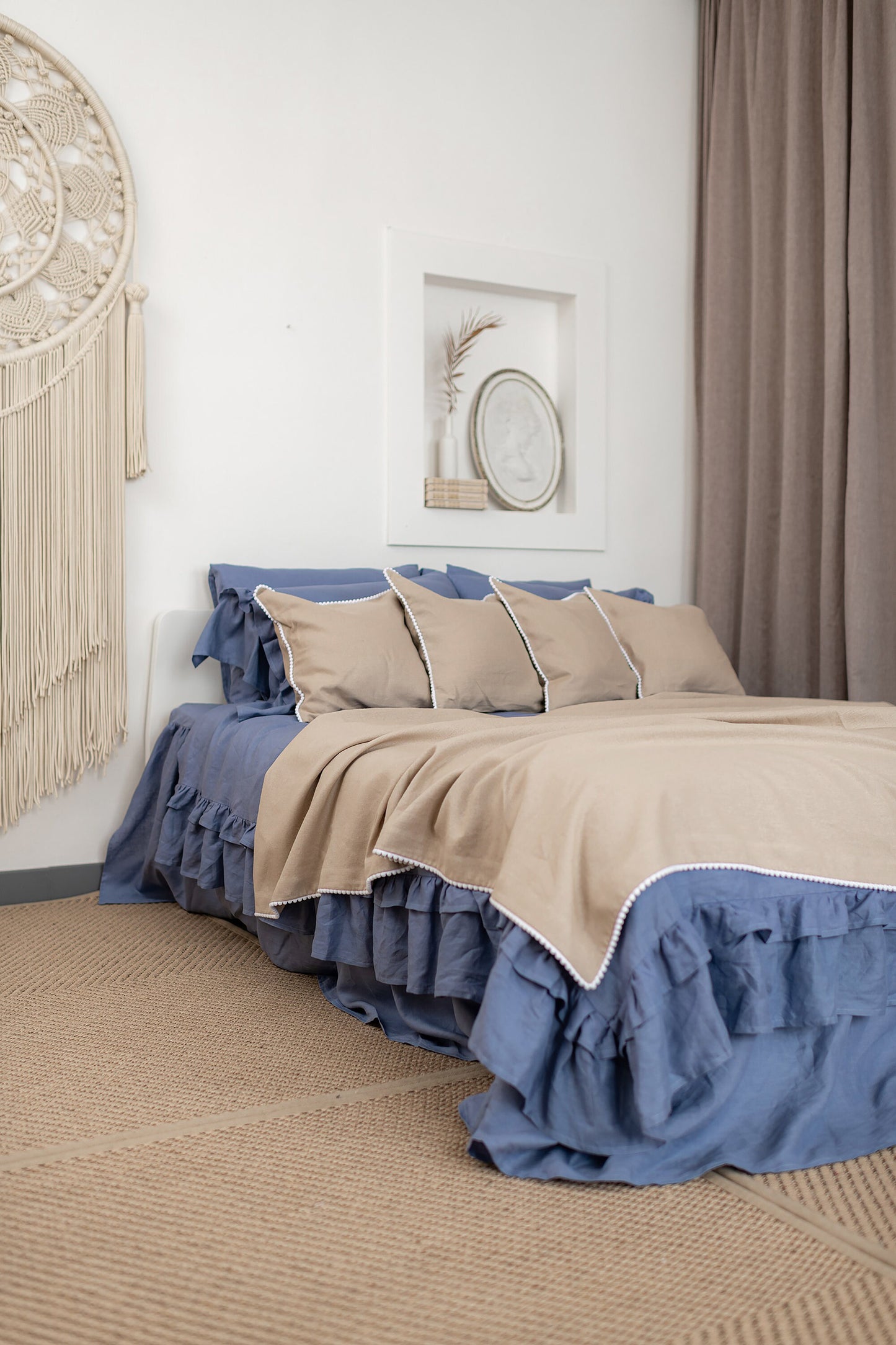 Luxury Linen Duvet Cover Set with Double Ruffles. Vintage Style Linen Bedding.