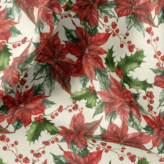 Christmas Print Linen By The Yard or Meter, Vintage Poinsettia Print Linen Fabric For Bedding, Curtains, Clothing & Upholstery