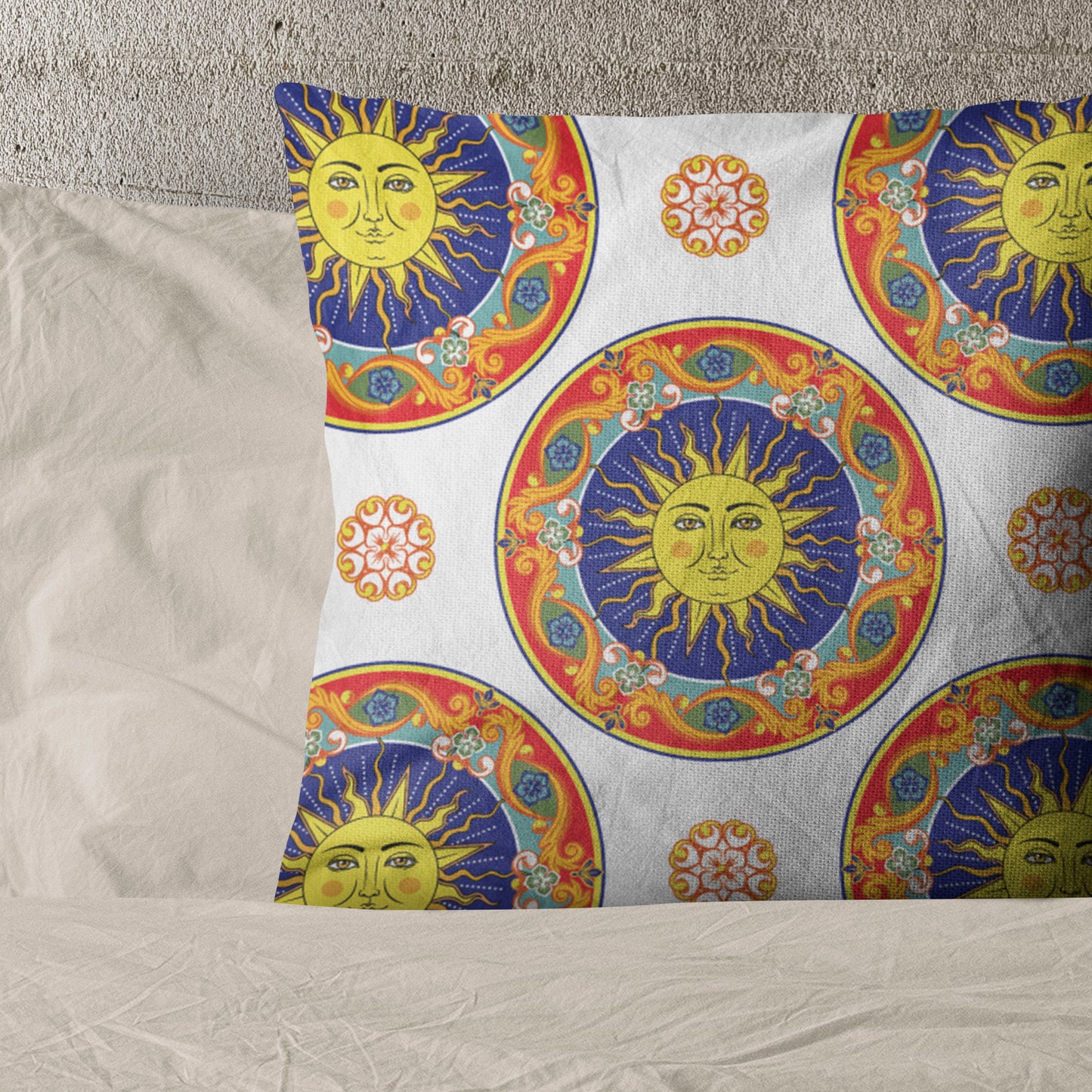 Ethnic Print Linen By The Yard or Meter, Mandala, Sun with Human Face Print Linen Fabric For Bedding, Curtains, Clothing & Upholstery