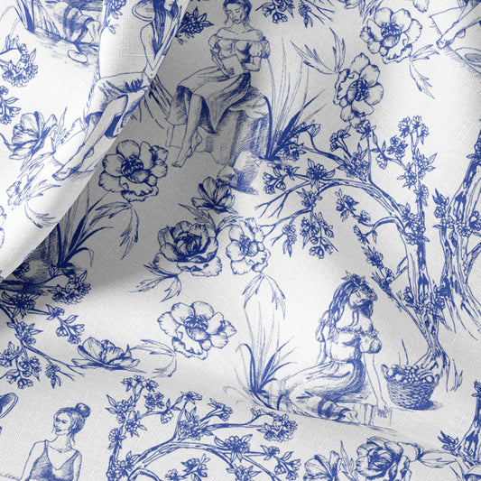 Vintage Linen By The Yard or Meter, French Toile de Jouy Print Linen Fabric For Bedding, Curtains, Clothing, Pillow Covers & Upholstery