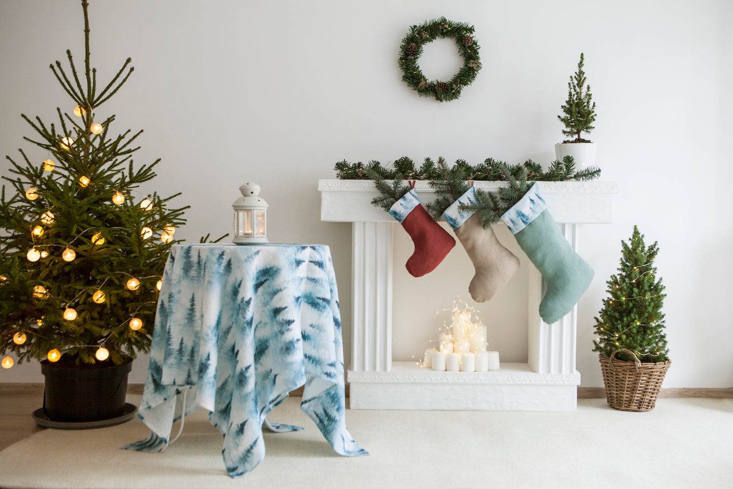 Linen Christmas Stockings with Christmas Tree Print