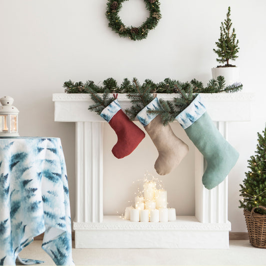 Linen Christmas Stockings with Christmas Tree Print