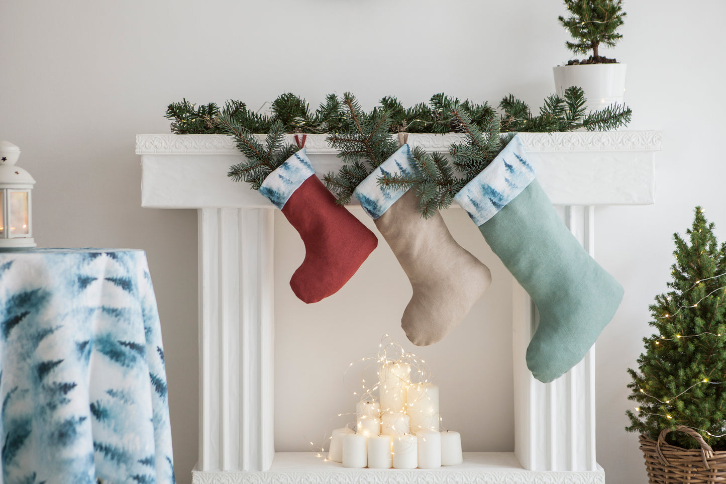 Linen Christmas Stockings with Christmas Tree Print