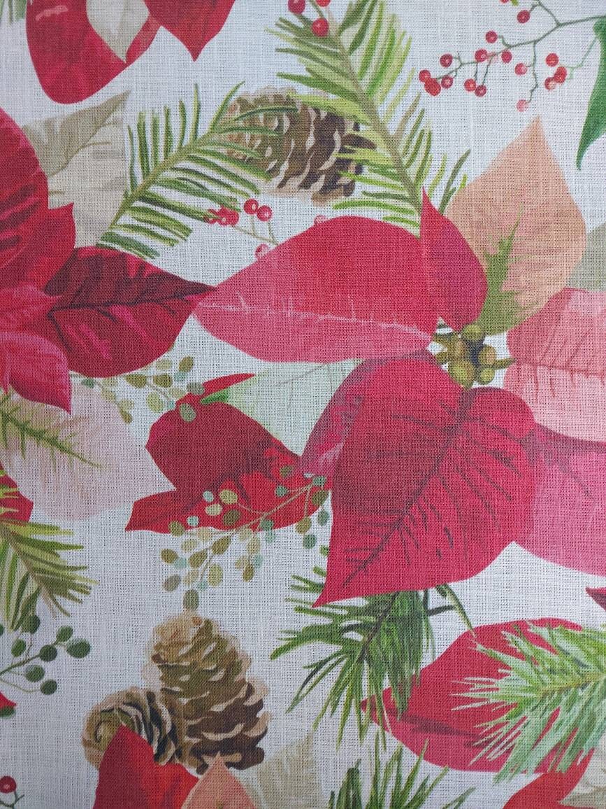 Christmas Linen By The Yard, Poinsettia Print Linen Fabric For Bedding, Curtains, Dresses, Clothing, Table Cloth & Pillow Covers