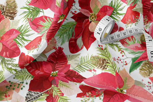 Christmas Linen By The Yard, Poinsettia Print Linen Fabric For Bedding, Curtains, Dresses, Clothing, Table Cloth & Pillow Covers