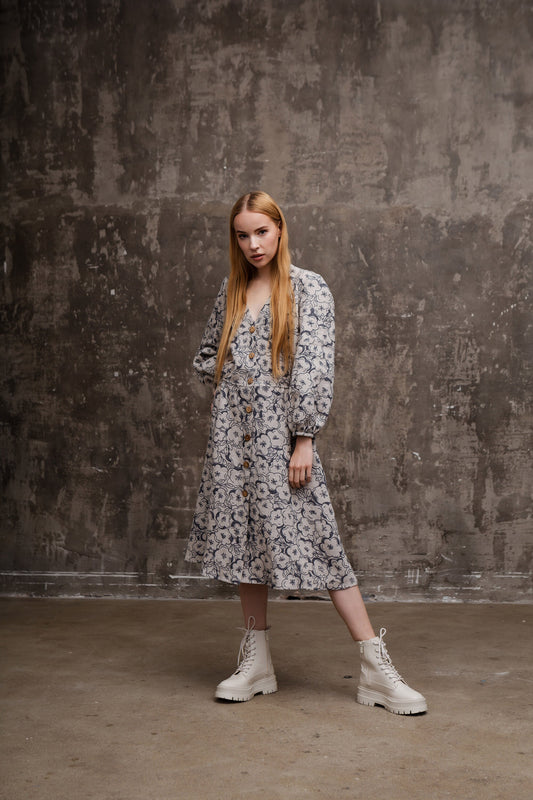 Linen Boho Puff Sleeve Dress