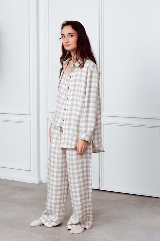 Soft Linen Pajama with Check Print Set. Long Pajama Set.
