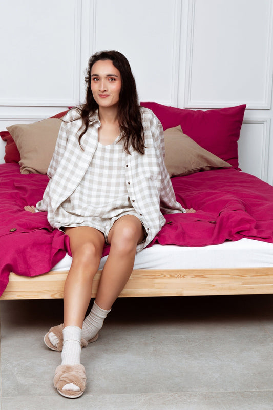 Soft Linen Pajama with Check Print Set. 3 Piece Pajama Set.