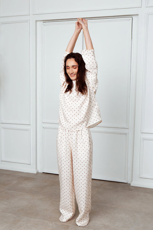 Dotted Long Sleeve Linen Pajama