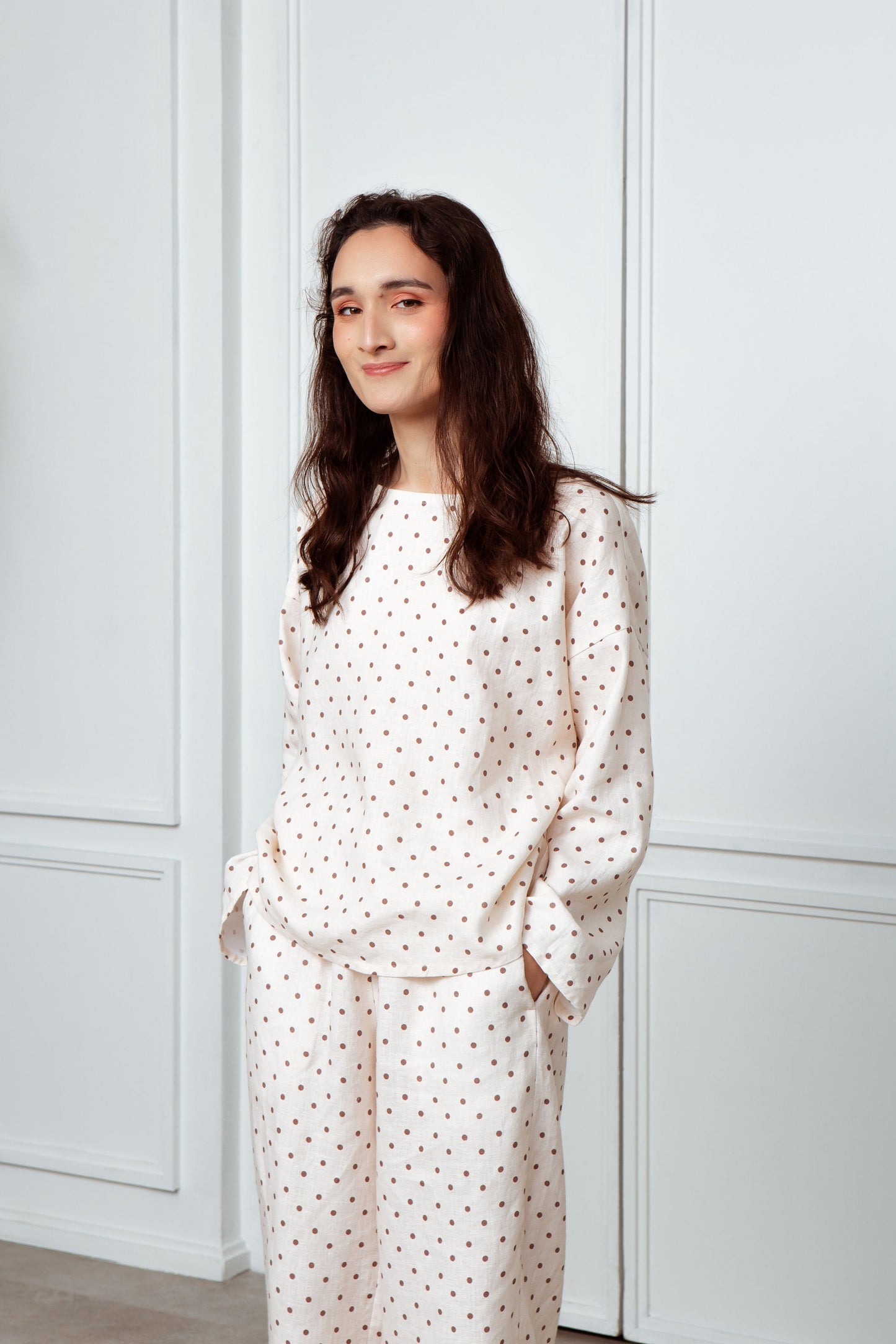 Dotted Long Sleeve Linen Pajama