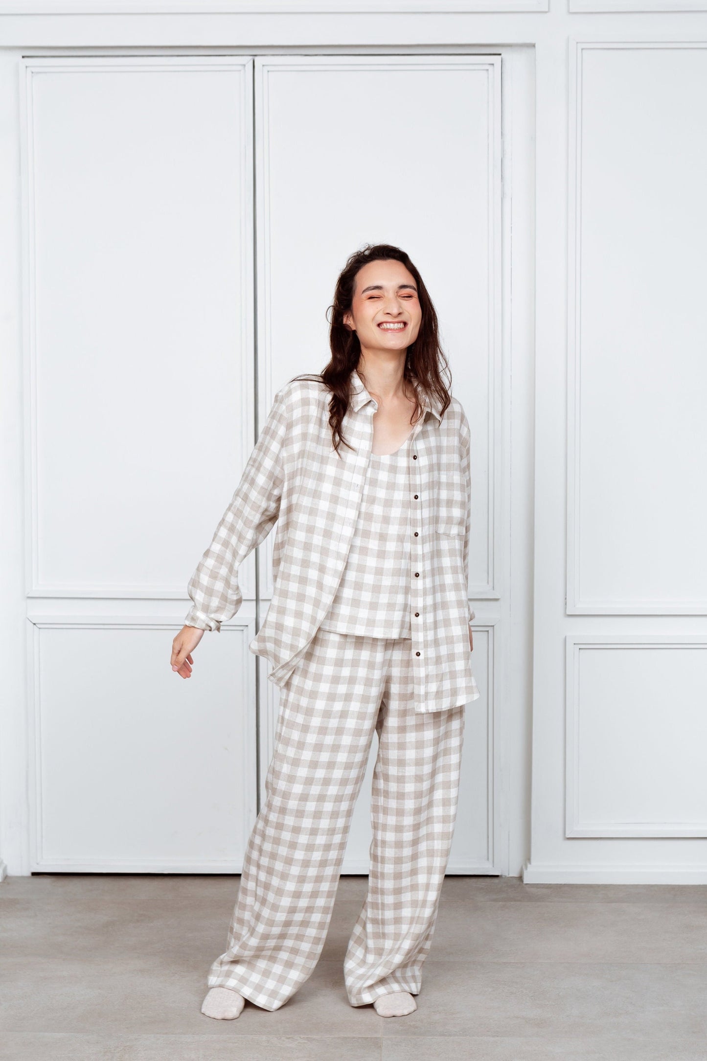 Soft Linen Pajama with Check Print Set. Long Pajama Set.