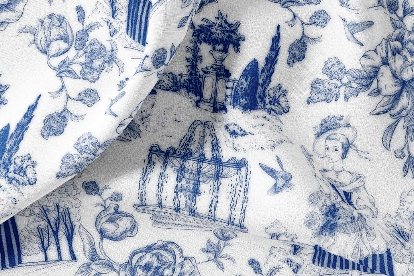 Vintage Linen By The Yard French Toile de Jouy  Print Linen Fabric For Bedding, Curtains, Dresses, Clothing, Table Cloth & Pillow Covers