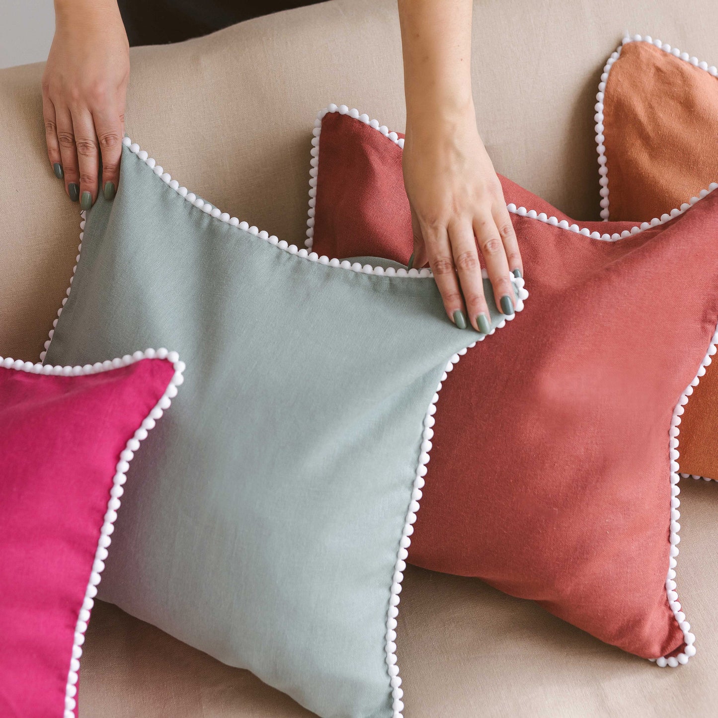 Decorative Linen Cushion with Pom Poms